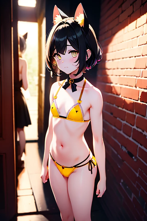 femboy, (flat chest:1.2), underwear, bra, straps on arms, collar, (standing), short messy black hair, light amber eyes, [cat ear accessory], blushing, high_quality, masterpiece, 4k, background:brick wall, arched back, (black and yellow clothing), arms behind back, bare feet, , 
