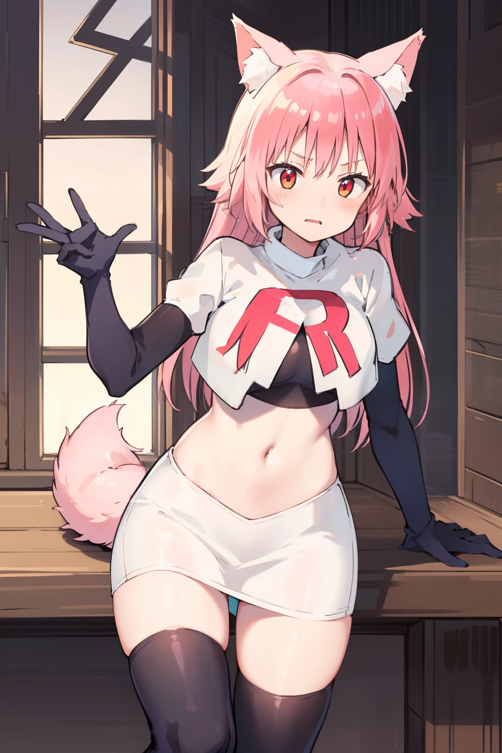 girl, Ranka Ookami,pink wolf ears, pink hair, pink wolf tail, team rocket,team rocket uniform,white skirt,red letter R,crop top,black thigh-highs,black elbow gloves