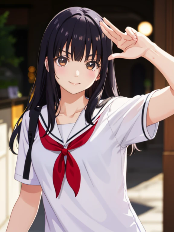 1 chica en、una sonrisa、La camisa、falda por el、（small tits）Chilarism、Japan high school student uniform、serafuku、summer morning clothes、viniendo a la escuela、No poder llegar a tiempo a clase.、impaciente、estrellarse、torbellino、apuesto、（sujetador transparente）、Retrato de la parte superior del cuerpo、pelo rubio、