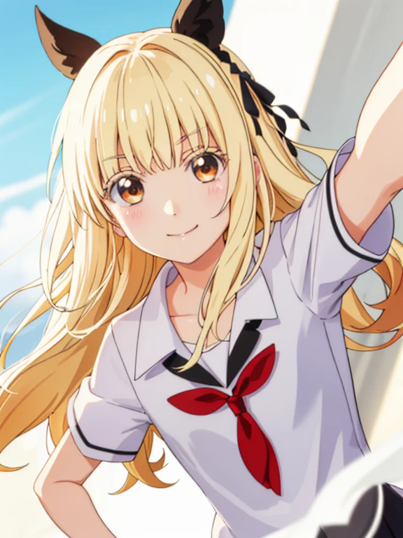 1 chica en、una sonrisa、La camisa、falda por el、（small tits）Chilarism、Japan high school student uniform、serafuku、summer morning clothes、viniendo a la escuela、No poder llegar a tiempo a clase.、impaciente、estrellarse、torbellino、apuesto、（sujetador transparente）、Retrato de la parte superior del cuerpo、pelo rubio、