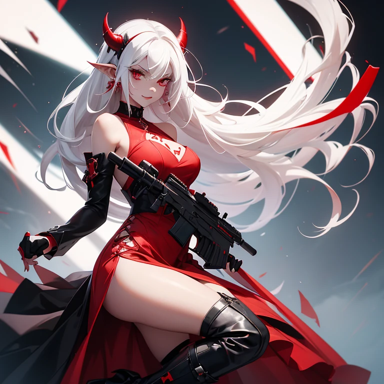 Demoing girl with a red dress white hair red eyes a devilish smile with a red scar on her face pointy ears and a lot of black and red piercings high heel boots and a gun in her hand pointing