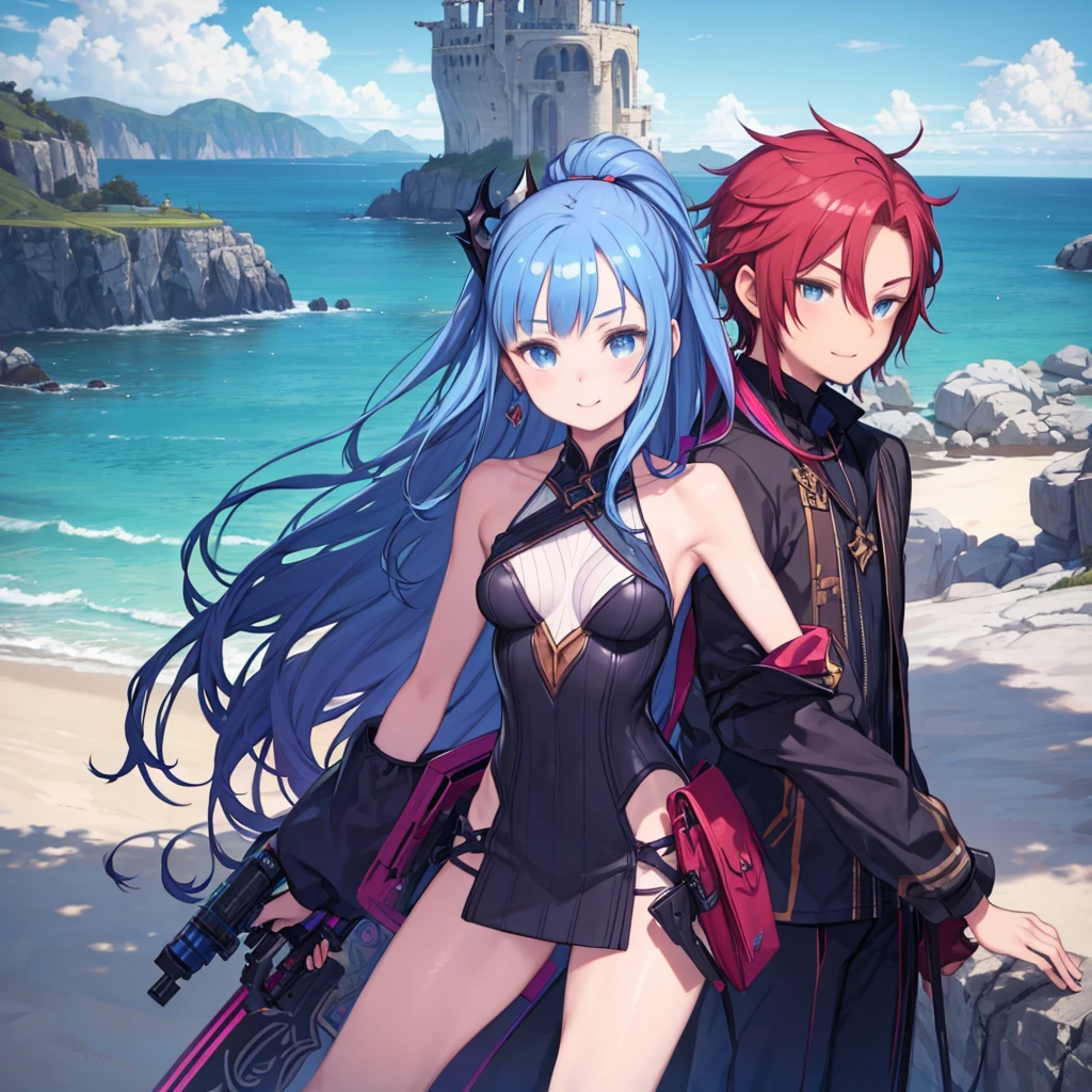 masterpiece, highest quality, High resolution, Ari 1, One girl, alone, Blonde Hair, hair/and (League of Legends), Long Hair, Multicolored Hair, Open Hair, blue eyes, Two-tone hair, beach andy, smile, On either side of her were two boys., The red-haired boy on the left、The blue-haired boy on the right