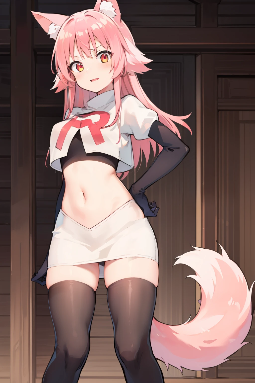 girl, Ranka Ookami,pink wolf ears, pink hair, pink wolf tail, team rocket,team rocket uniform,white skirt,red letter R,crop top,black thigh-highs,black elbow gloves