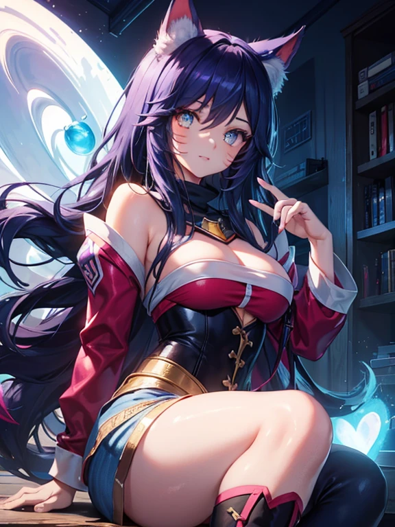 Ahri con una sudadera informal con capucha gris claro.,Jeans cortos, hermosos ojos detallados, cara sonriente, long eyelashes, her tails form a heart shape behind her, De pie en una acera, Sol brillando, vivid colors, fotorrealista, retratos, medio:ILLUSTRATION. (mejor calidad,ultra detallado,hdr,vivid and colorful appearance,studio lighting)