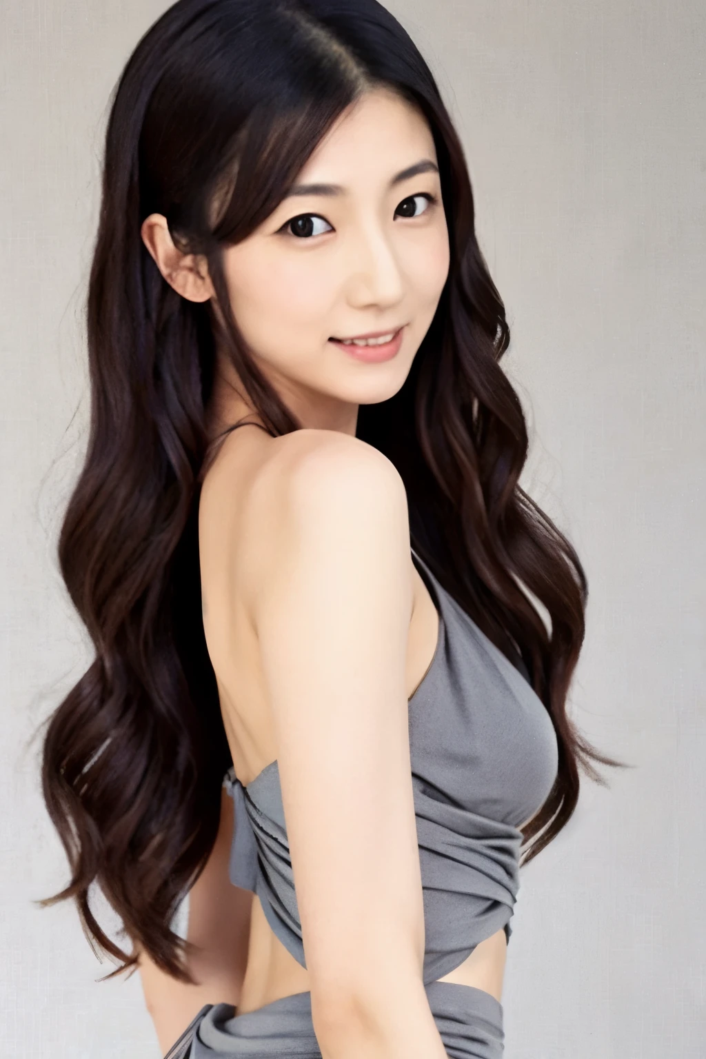 A Japanese lady, skinny figure, small breasts, extremely thin waist, beautiful face, beautiful eyes, natural make up, black long hair, wearing a tight grey dress with an open back design, looking back at your audience, 1girl in, solo, detailed face, detailed eyes, detailed fingers and arms. Full body photo. Realistic, Photorealistic.