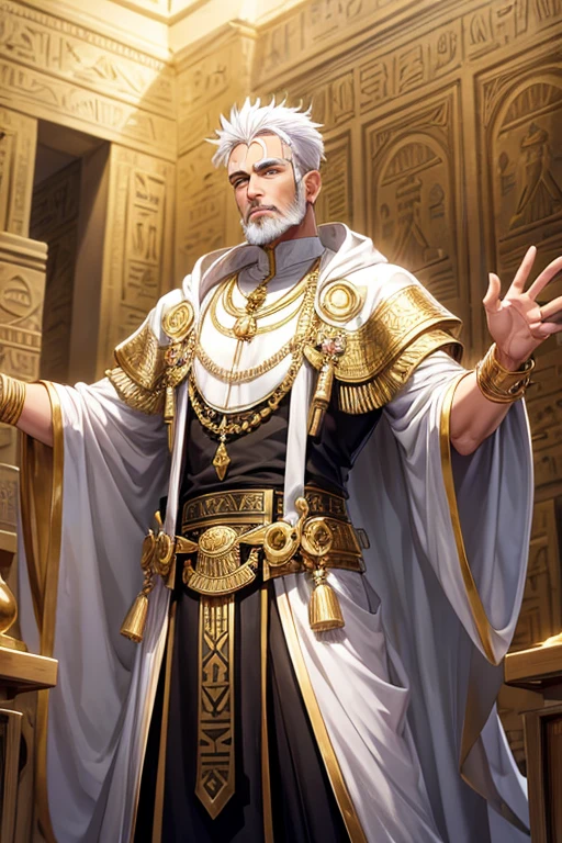 Egyptian priest, Calajan, male, 50 years old, short messy white hair, white beard, silver ornaments, brown eyes, white and gold Egyptian clothing, dark gold vest with silver snake print, gold belt, dark gold pants, gold pendant with Egyptian symbol print with white quartz gems, gold rings on both hands, slim build, base of an Egyptian pyramid, pyramid,