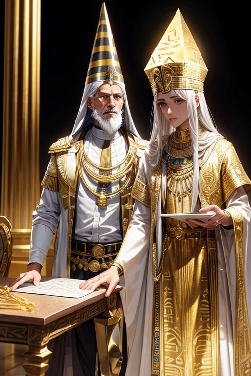 Egyptian priest, Calajan, male, 50 years old, short messy white hair, white beard, silver ornaments, brown eyes, white and gold Egyptian clothing, dark gold vest with silver snake print, gold belt, dark gold pants, gold pendant with Egyptian symbol print with white quartz gems, gold rings on both hands, slim build, base of an Egyptian pyramid, pyramid,