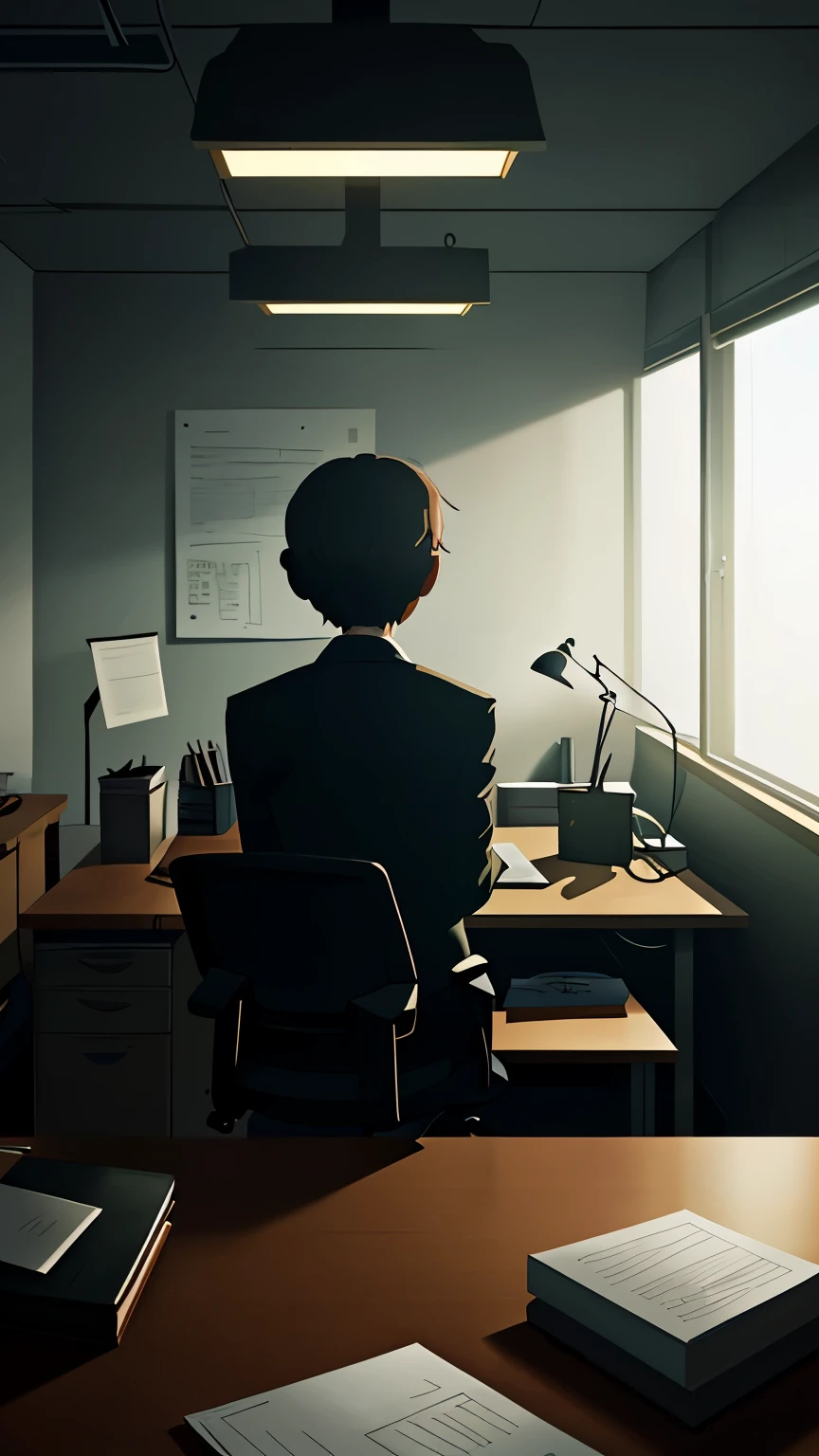 A somber office space with muted lighting, where a lone figure sits at a desk surrounded by silence.
