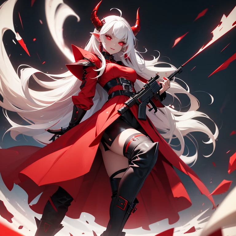 Demoing girl with a red dress white hair red eyes a devilish smile with a red scar on her face pointy ears and a lot of black and red piercings high heel boots and a gun in her hand pointing 