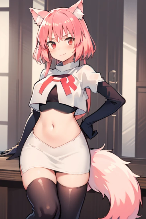 girl, Ranka Ookami,pink wolf ears, pink hair, pink wolf tail, team rocket,team rocket uniform,white skirt,red letter R,crop top,black thigh-highs,black elbow gloves