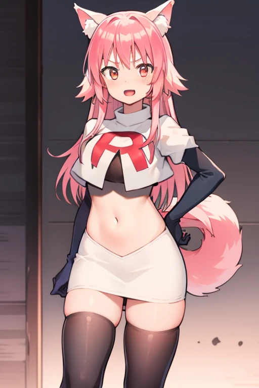 girl, Ranka Ookami,pink wolf ears, pink hair, pink wolf tail, team rocket,team rocket uniform,white skirt,red letter R,crop top,black thigh-highs,black elbow gloves