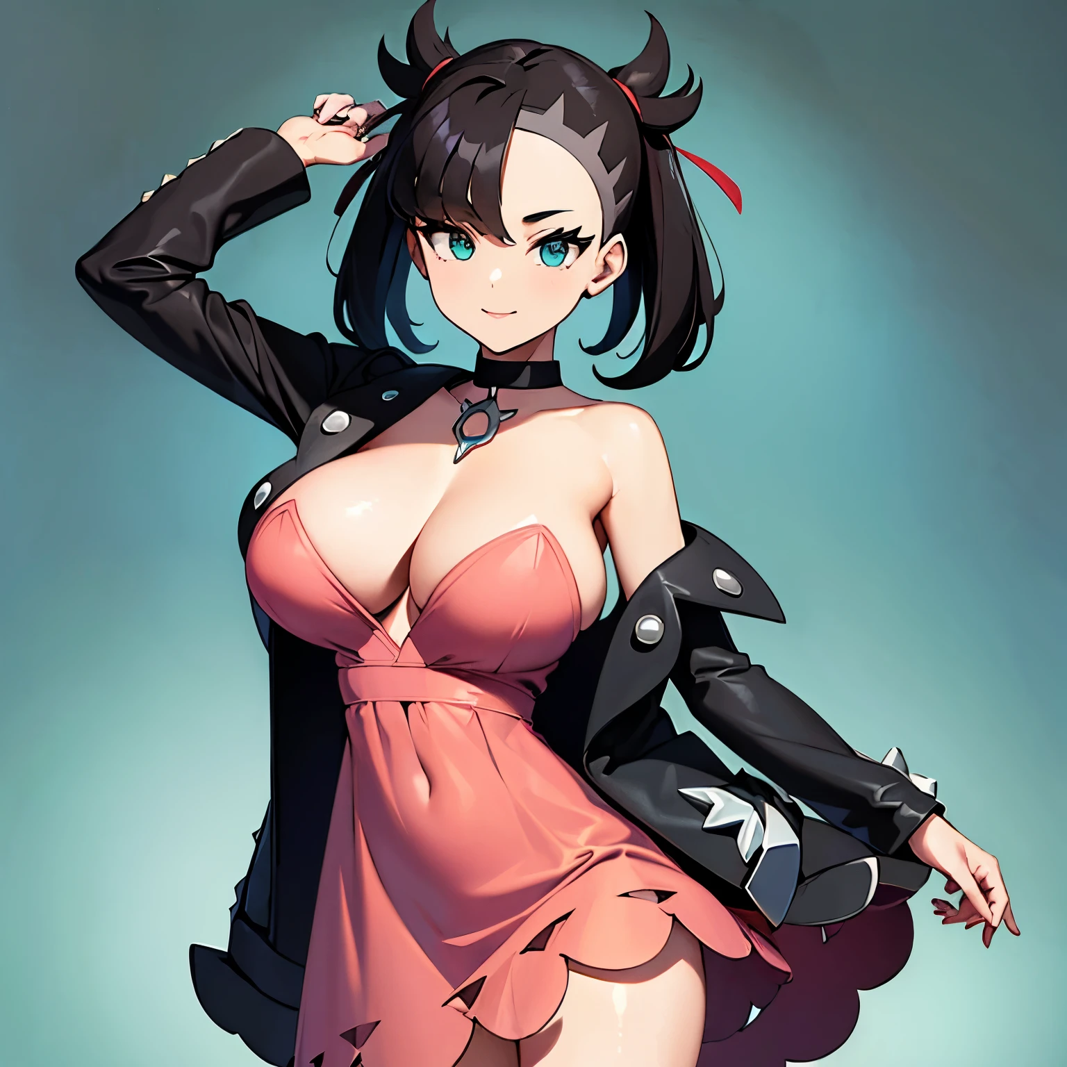 ((masterpiece,best quality)), absurdres, marnie, aqua eyes, black choker, red ribbon, pink dress, jewelry, black jacket, open clothes, long sleeves,  solo, smiling, looking at viewer, cowboy shot,  contrapposto, large breasts, microdress, crochet dress, strapless dress, simple background