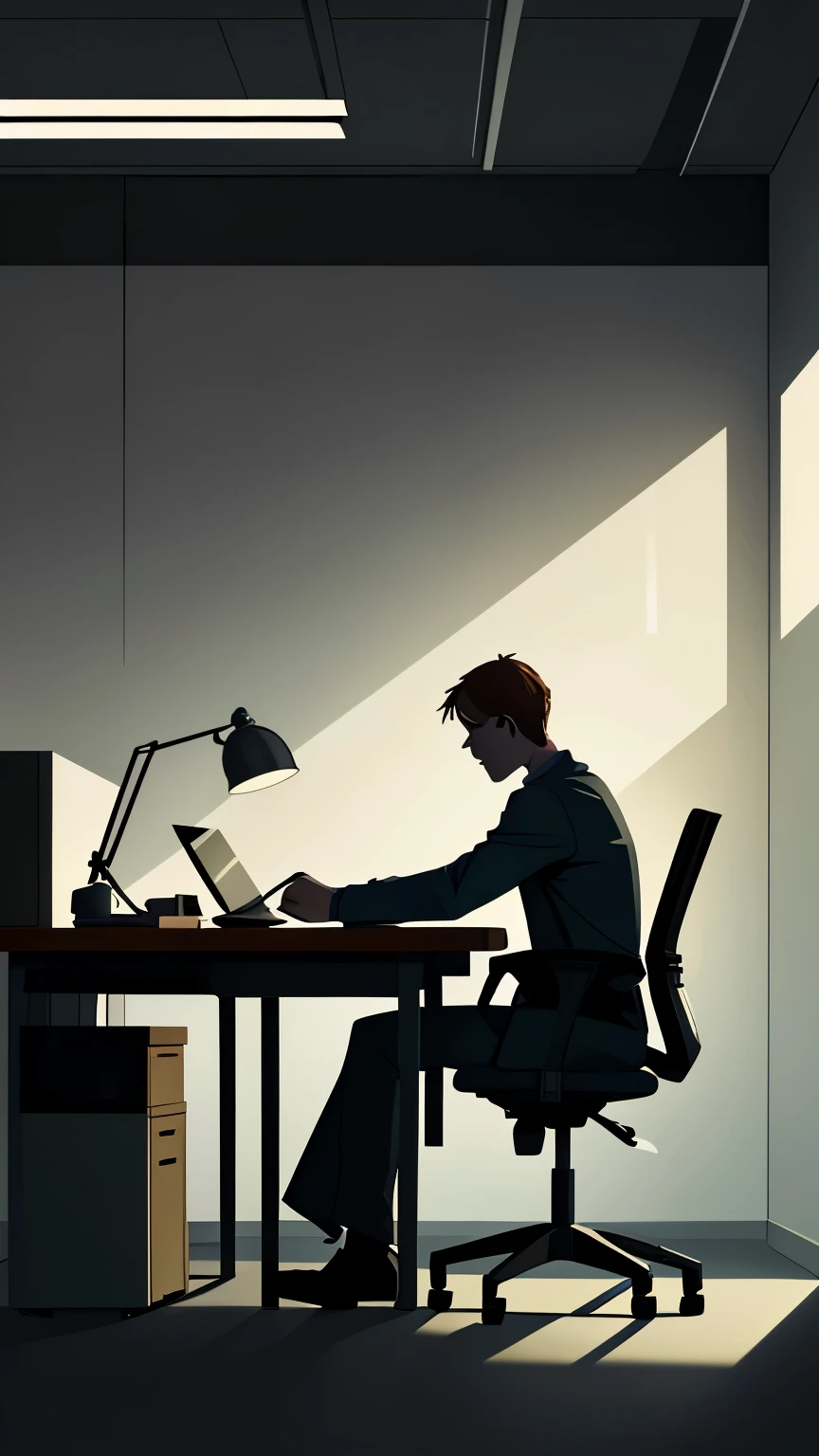 A somber office space with muted lighting, where a lone figure sits at a desk surrounded by silence.