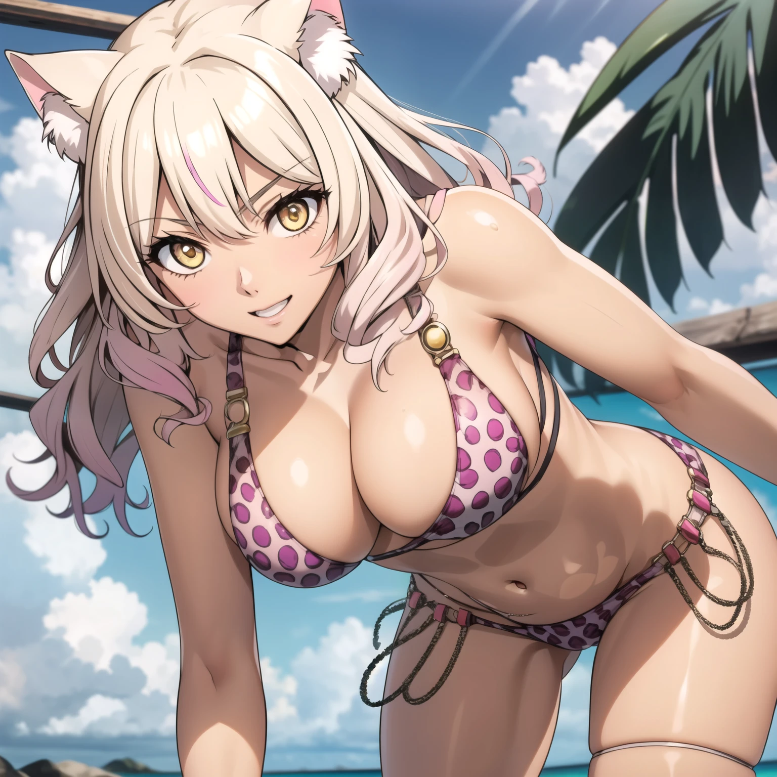 Raphtalia woman 29 years old blonde hair with pink tips , orejas de gato, ojos amarillos, piel morena, piel bronceada, piel morena pechos grandes , yellow leopard bikini, sonrisa, de pie en medio de una laya tropical, sunny day. ojos dorados brillantes. pechos grandes. una sola mujer esta sola. orejas de gato.