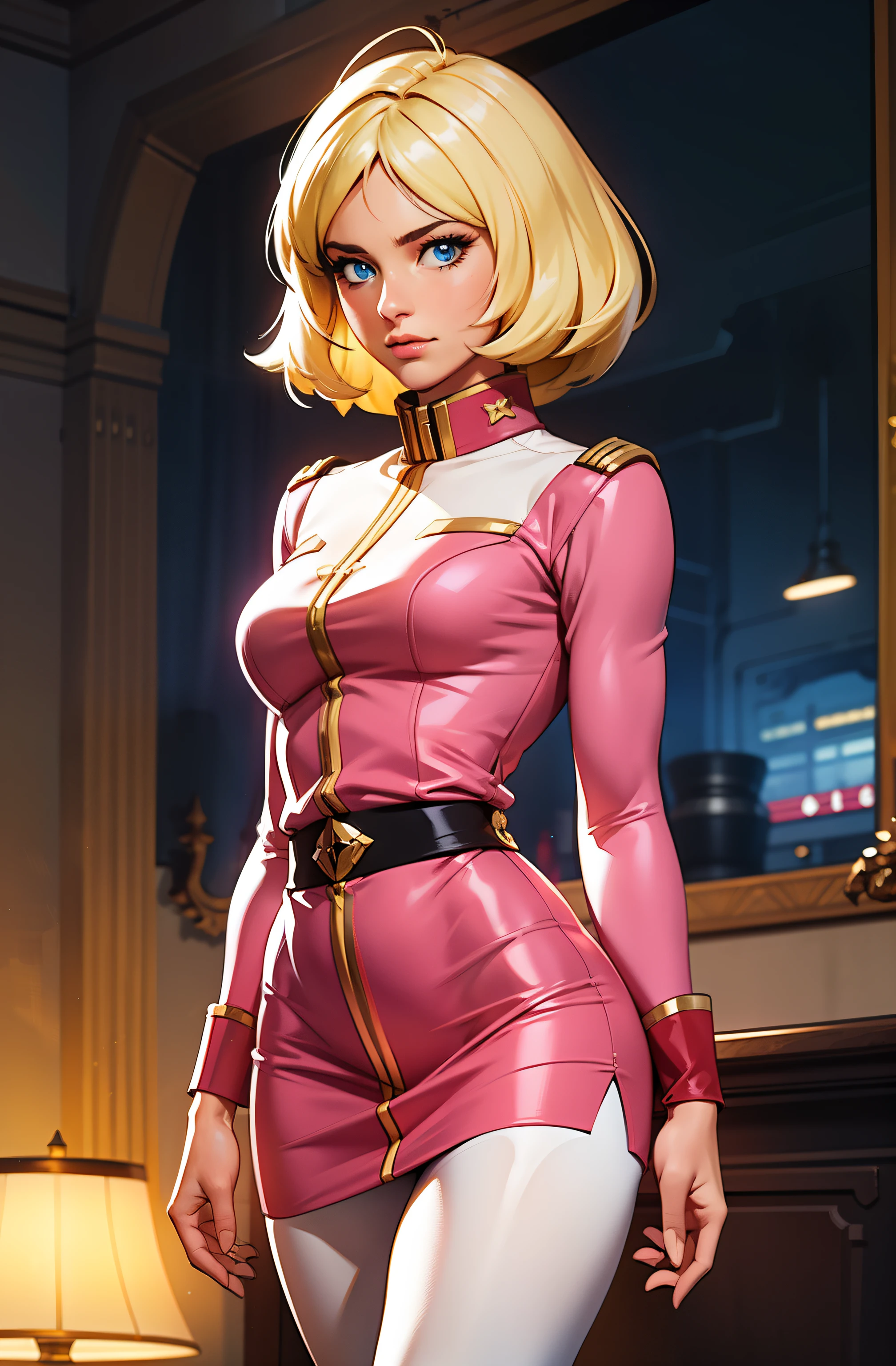 ((masterpiece)), ((cinematic lighting)), realistic photo、Real Images、Top image quality、1girl in, sayla mass, Elegant, masterpiece, Convoluted, slim arms, wide hips, thick thighs, thigh gaps, Best Quality, absurderes, high face detail, Perfect eyes, mature, Cowboy Shot, , Vibrant colors, soft pink uniform, soft pink Skirt, white tights, side view, looking at viewer