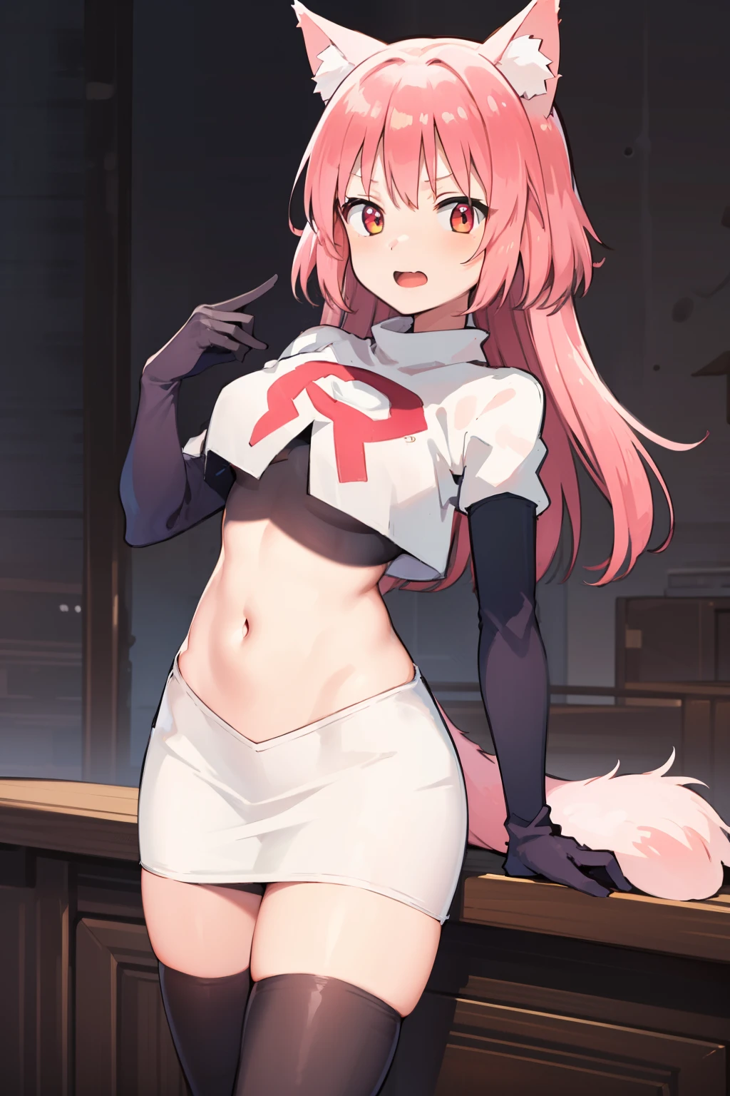 girl, Ranka Ookami,pink wolf ears, pink hair, pink wolf tail, team rocket,team rocket uniform,white skirt,red letter R,crop top,black thigh-highs,black elbow gloves