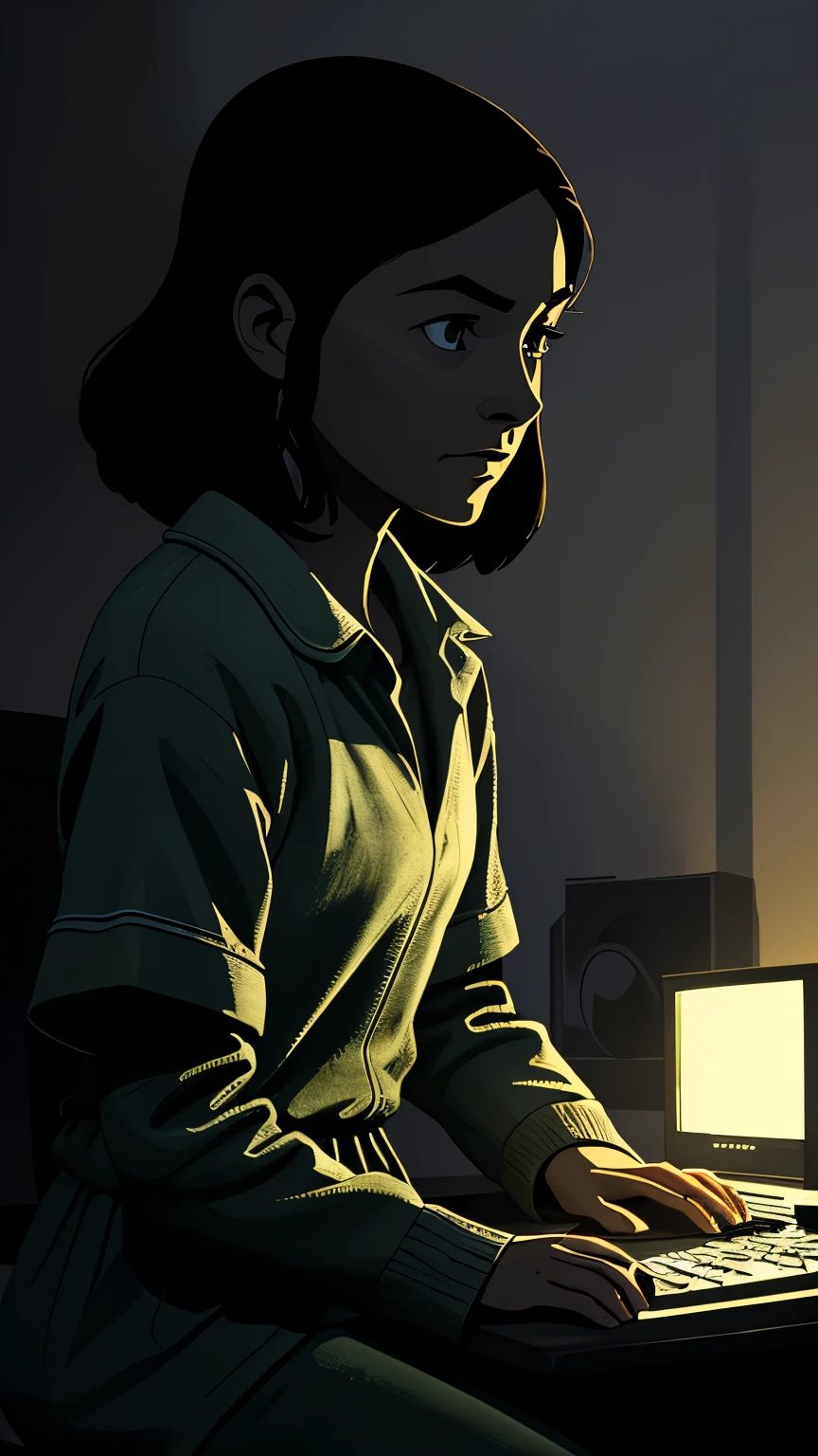 A computer screen illuminating a dimly lit room, casting shadows across the solemn face of the individual seated before it.