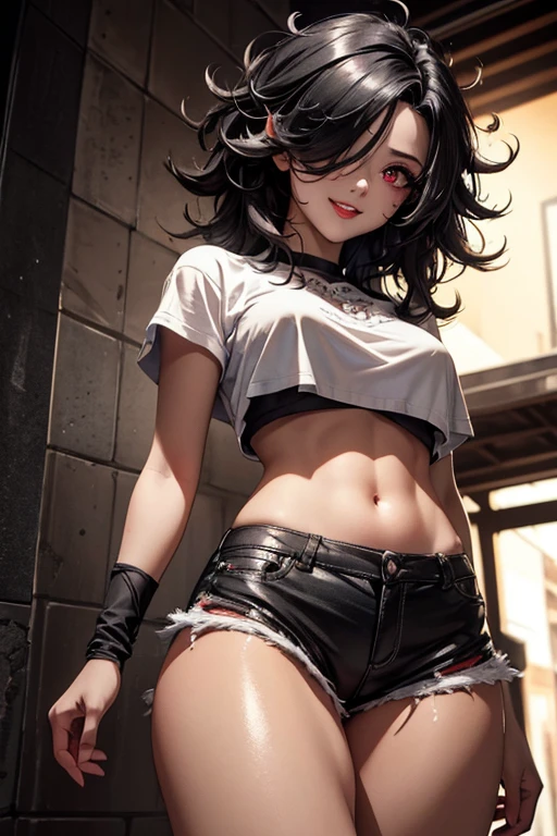 Masterpiece, best quality, 8K Wallpaper, HDR, octane rendering. A girl wearing white cropped t-shirt, short black shorts, looking at the viewer from below, night street, dark alley, store, beautiful detailed scenery, the girl has (Messy hair over one eye:1.5), (Shiny black hair:1.2) , (Beautiful and detailed face with perfect symmetry), (Beautiful and detailed red eyes), (Red lips, open smile, pointy teeth: 1.1), (body with perfect anatomy, perfect natural texture, high details, glowing skin) cinematic lighting , vivid colors, detailed illustration, depth of field
