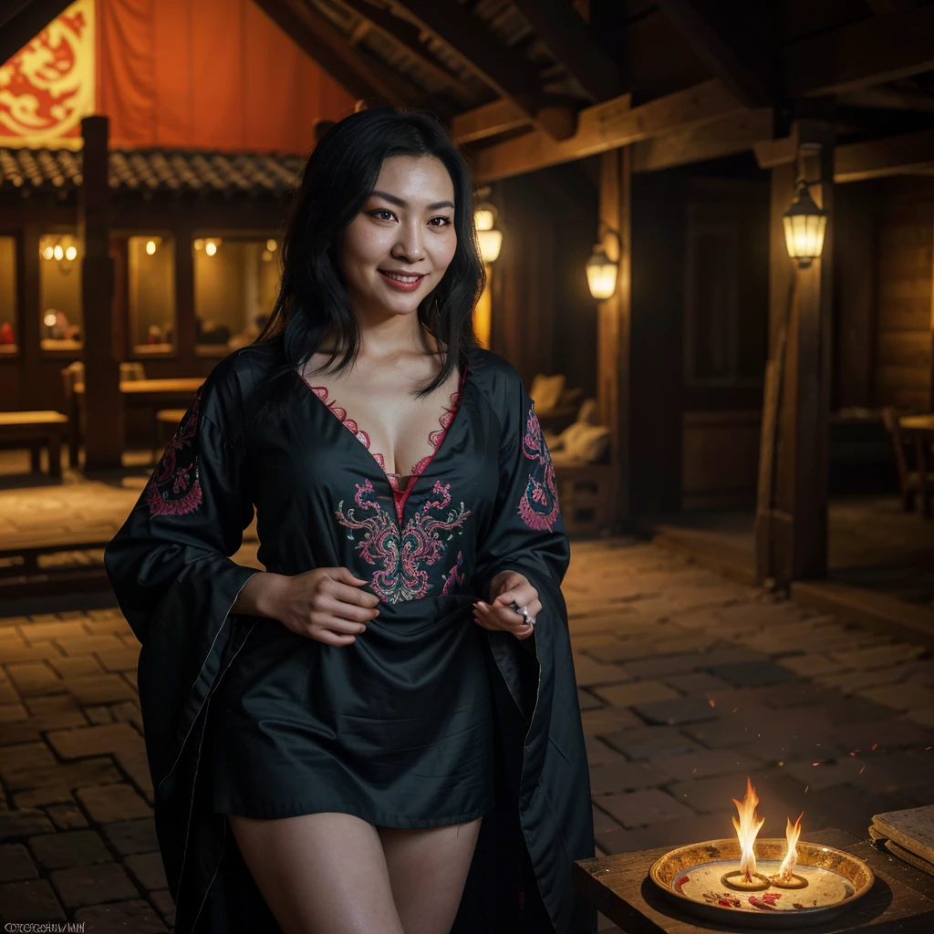 A witchy Asian spirit, Malaysian woman, age 25, ankle length hair, corrupt billowing silken robes (intricate evil embroidery, dragon motif) with blood red trim (very sexy and revealing but still enough is covered to be SFW) , glowing eyes, and a unholy aura, she is laughing cruelly, she floats above a corrupt magic circle in a medieval European village, black serpentine Asian drakes slither around the edges of the scene(almost out of sight, almost out of reach). (best quality, 4k, highres, masterpiece:1.2), ultra-detailed, (realistic, photorealistic, photo-realistic:1.37), HDR, UHD, studio lighting, ultra-fine painting, sharp focus, physically-based rendering, extreme detail description, professional, vivid colors, bokeh, portraits, landscape, horror, anime, sci-fi, photography, concept artists, vibrant colors, soft lighting. Set in a medieval European village