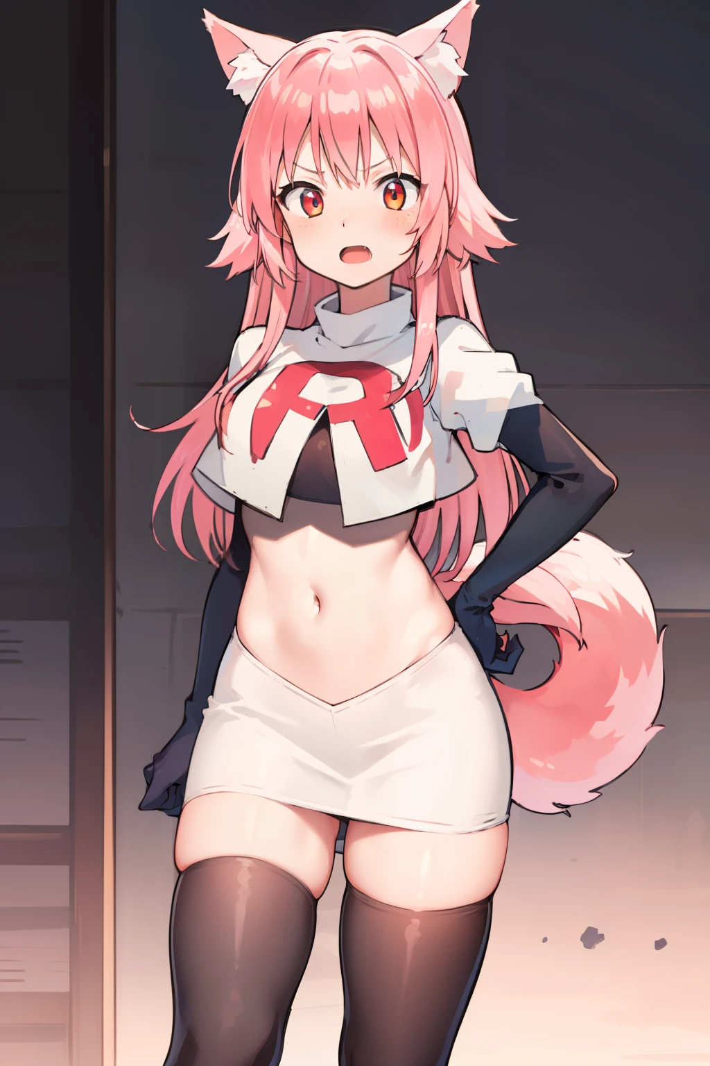 girl, Ranka Ookami,pink wolf ears, pink hair, pink wolf tail, team rocket,team rocket uniform,white skirt,red letter R,crop top,black thigh-highs,black elbow gloves