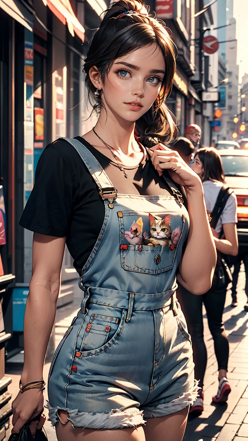 pho3b3cat3s photos, Beautiful woman, ((24-years-old)), street, T-Shirts, Denim overalls, 1980s, Retro, Long wavy black hair in a ponytail, (masterpiece), (Highly detailed CG Unity 8k wallpaper), Complex, ((Realistic)),