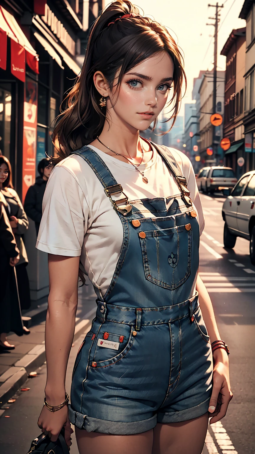 pho3b3cat3s photos, Beautiful woman, ((24-years-old)), street, T-Shirts, Denim overalls, 1980s, Retro, Long wavy black hair in a ponytail, (masterpiece), (Highly detailed CG Unity 8k wallpaper), Complex, ((Realistic)),
