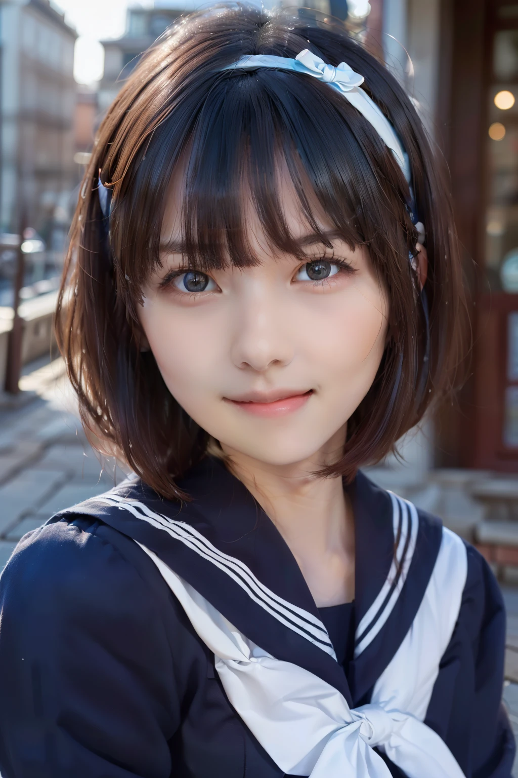 Sailor suit, One Woman, (Beautiful woman, delicate :1.3), Shiny Black Hair, Bobcut, bangs, (8k), (highest quality: 1.2), (Realistic), (Realistic: 1.37), (masterpiece), (Ultra-high resolution), (RAW Photos), (Absolute Resolution), (((face is small compared to body: 1.4))), (((Small face:１.4))), A balanced face, (Small Mouth: 1.4), ((Slim female body: 1.4)), Black Hair, (((long sleeve Sailor suit))), realistic high school girl, (((White headband))), Small breasts, Slanted Eyes, Bright Blue Eyes, (Cafe on the open terrace), Open your mouth, smile, Blurred, full body, Three white lines on the collar of a sailor suit, 