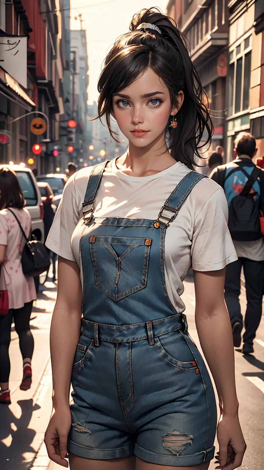 pho3b3cat3s photos, Beautiful woman, ((24-years-old)), street, T-Shirts, Denim overalls, 1980s, Retro, Long wavy black hair in a ponytail, (masterpiece), (Highly detailed CG Unity 8k wallpaper), Complex, ((Realistic)),