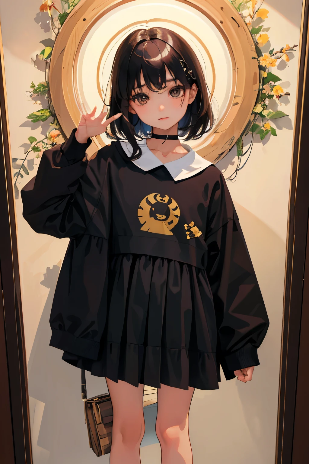 (child)，highest quality，Beautiful face in every detail，cute，Dark brown eyes，(背の低いcute女の子，Small young student，Young delicate girl）,（masterpiece，Top quality)，Black Hair，Sleepy expression，Plaid white skirt
