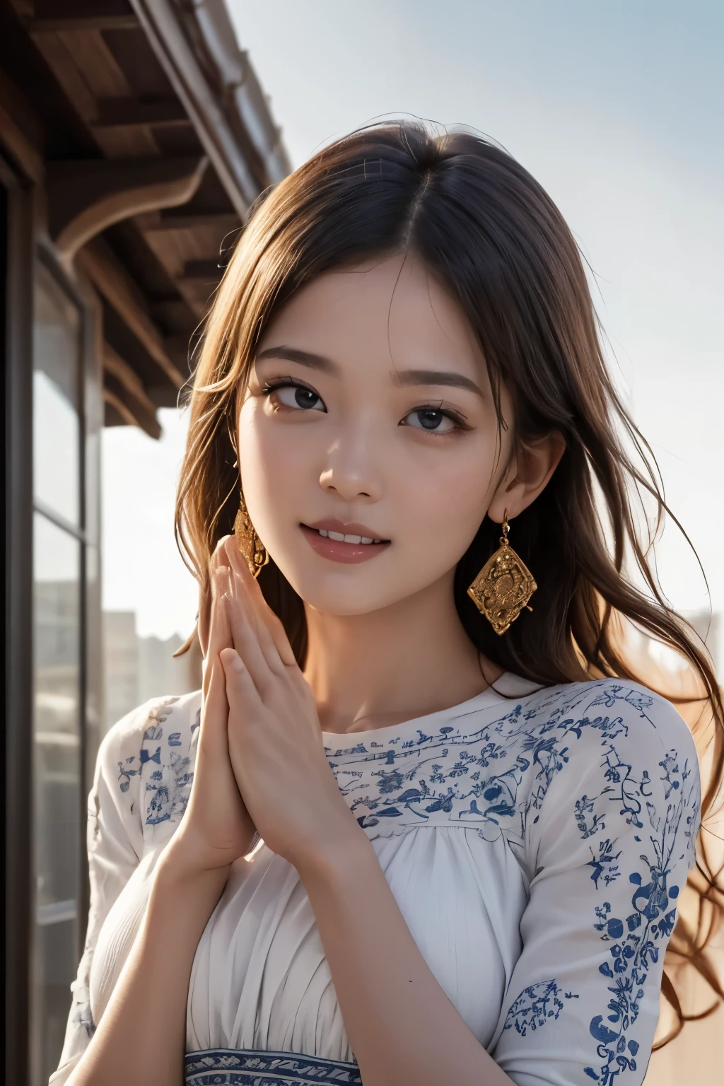 high-definition image, (((round face))), eyes realistic sizing, realistic skin, drooping eyes, smiling, ((ecstasy face when she doing self pleasure by holding breasts with her hands (from over clothes))), ((various patterned feminine casual long dress)), (strong sunlight, old fashion), skyscrapers, tiny earrings,