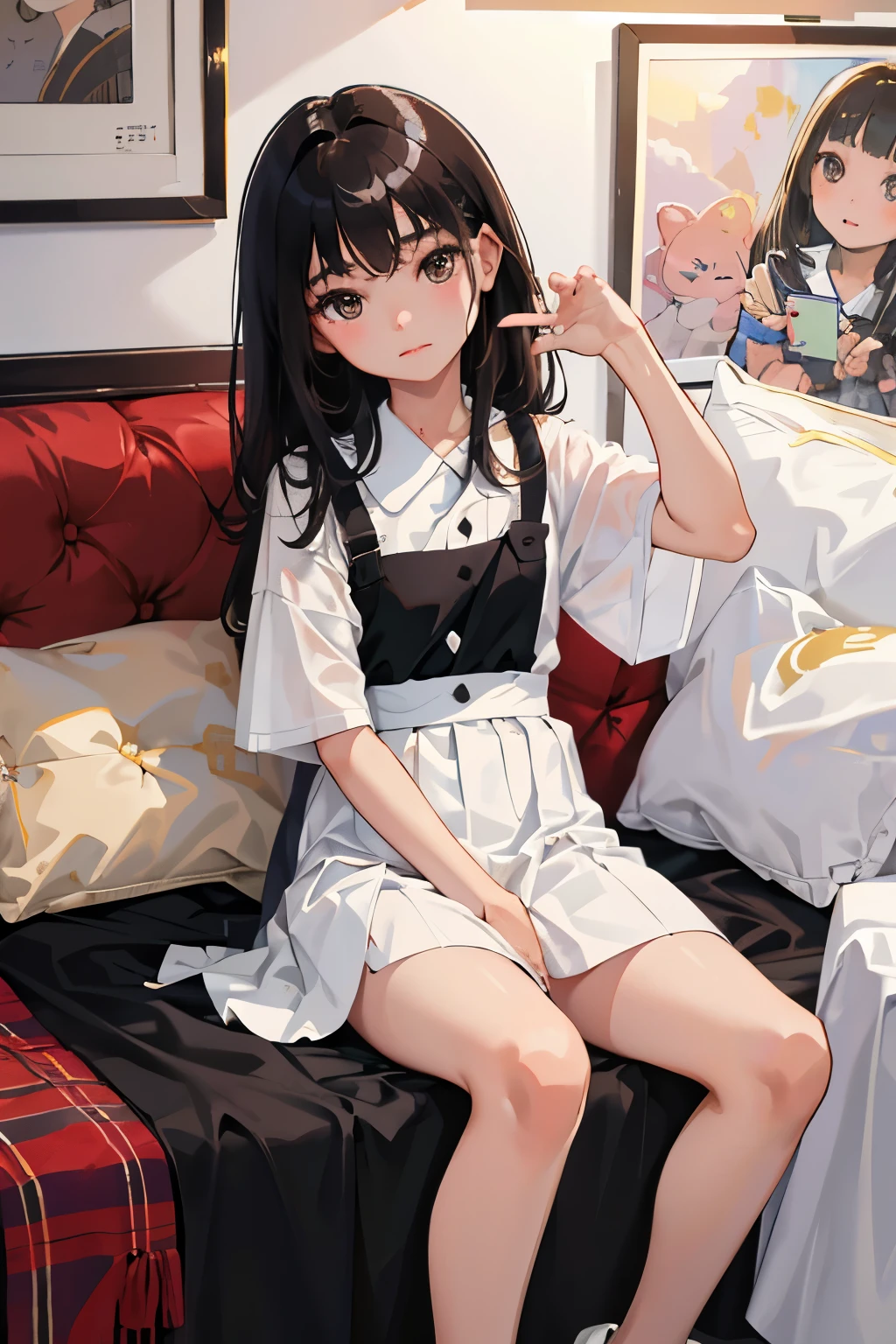(child),highest quality,Beautiful face in every detail,cute,Dark brown eyes,(背の低いcute女の子,Small young student,Young delicate girl),(masterpiece,Top quality),Black Hair,Sleepy expression,Sleeveless,(White shorts),Crouching