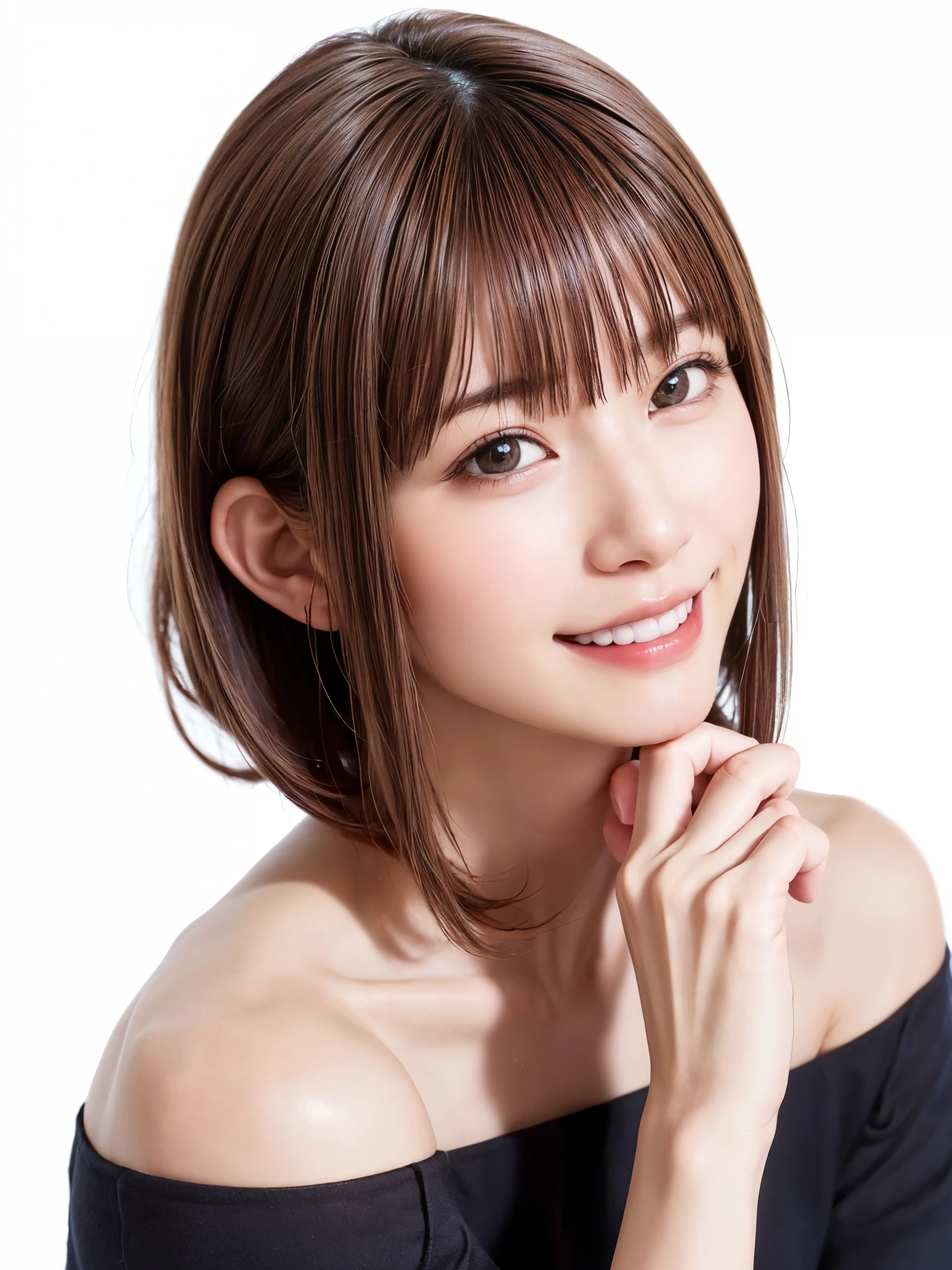 1 girl, alone, Beautiful Skin, very detaileded, ultra detaileded, Ultra-high resolution, (Photorealism:1.4), (highest quality), (Best Shadow), detailed, Perfect lighting, Black Hair, ((Showpiece, highest quality, High precision)), One Girl, (Realistic: 1.4), (look up at the camera even a little, カメラをlook up, look up, look up at the camera, Looking into the camera))), alone, White Background, snow-White Background, shut up., smile, pretty Black Hair, short hair:1.6, Big eyes, Beautiful double eyelids, eyelash, listen, Long neck, 美しいLong neck, Absolute area, ((Face close-up, short hair with bangs、Short Bob Hair:1.5、Off the shoulder)), 19 years old, Attractive proportions, Shiny skin, Beautiful clavicle, Golden ratio face, Perfect Face, Teardrop-shaped mole, Mole on chest, bangs, clean bangs, beautiful bangs, Lip gloss, Thin lips, White skin, I took off my clothes, Small face, Small face, 少し上を向いてLooking into the camera, ((smile a little for the camera, really nothing pure White Background, Listen carefully, big 胸、Dynamic Angle:1.5、Workplace Safety:2))