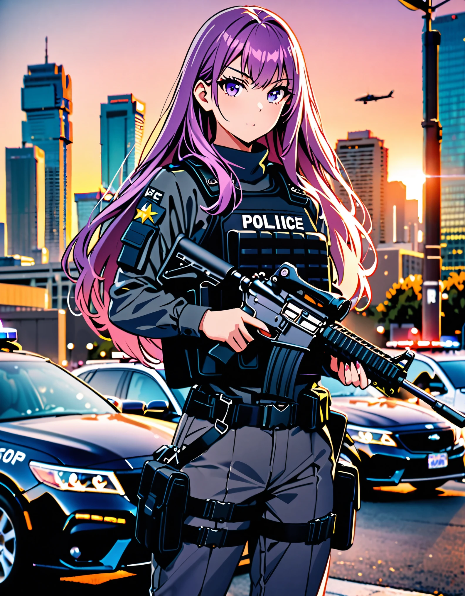 ((masterpiece, best quality)), 1girl, solo focus, canadian police officer, SWAT uniform, SWAT gear, pants, purple hair with blue accents, long hair, purple eyes, perfect hands, complete fingers, holding weapon, m4 carbine, in front of a patrol car, toronto city backdrop, cowboy shot, sunset, pixel-perfect, detail-perfect, curious look on her face, ultra highres, absurdres, beautiful face, detailed eyes, symmetric eyes, perfect body, good proportions