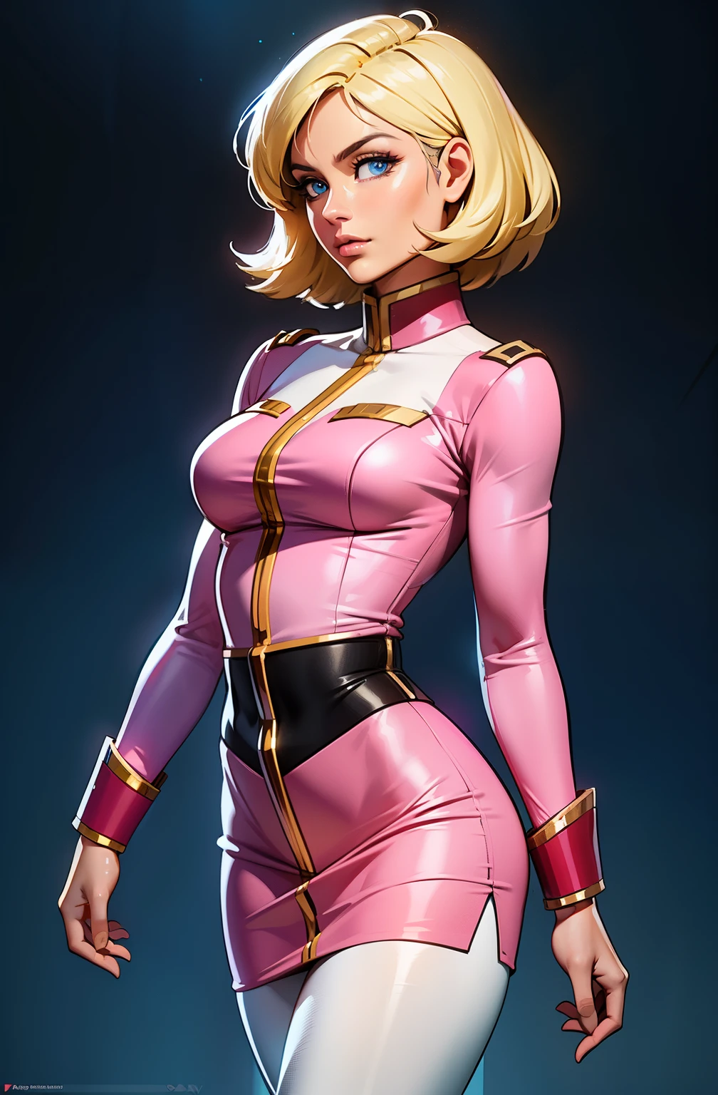((masterpiece)), ((cinematic lighting)), realistic photo、Real Images、Top image quality、1girl in, sayla mass, Elegant, masterpiece, Convoluted, slim arms, wide hips, thick thighs, thigh gaps, Best Quality, absurderes, high face detail, Perfect eyes, mature, Cowboy Shot, , Vibrant colors, soft pink uniform, soft pink Skirt, white tights, side view, looking at viewer