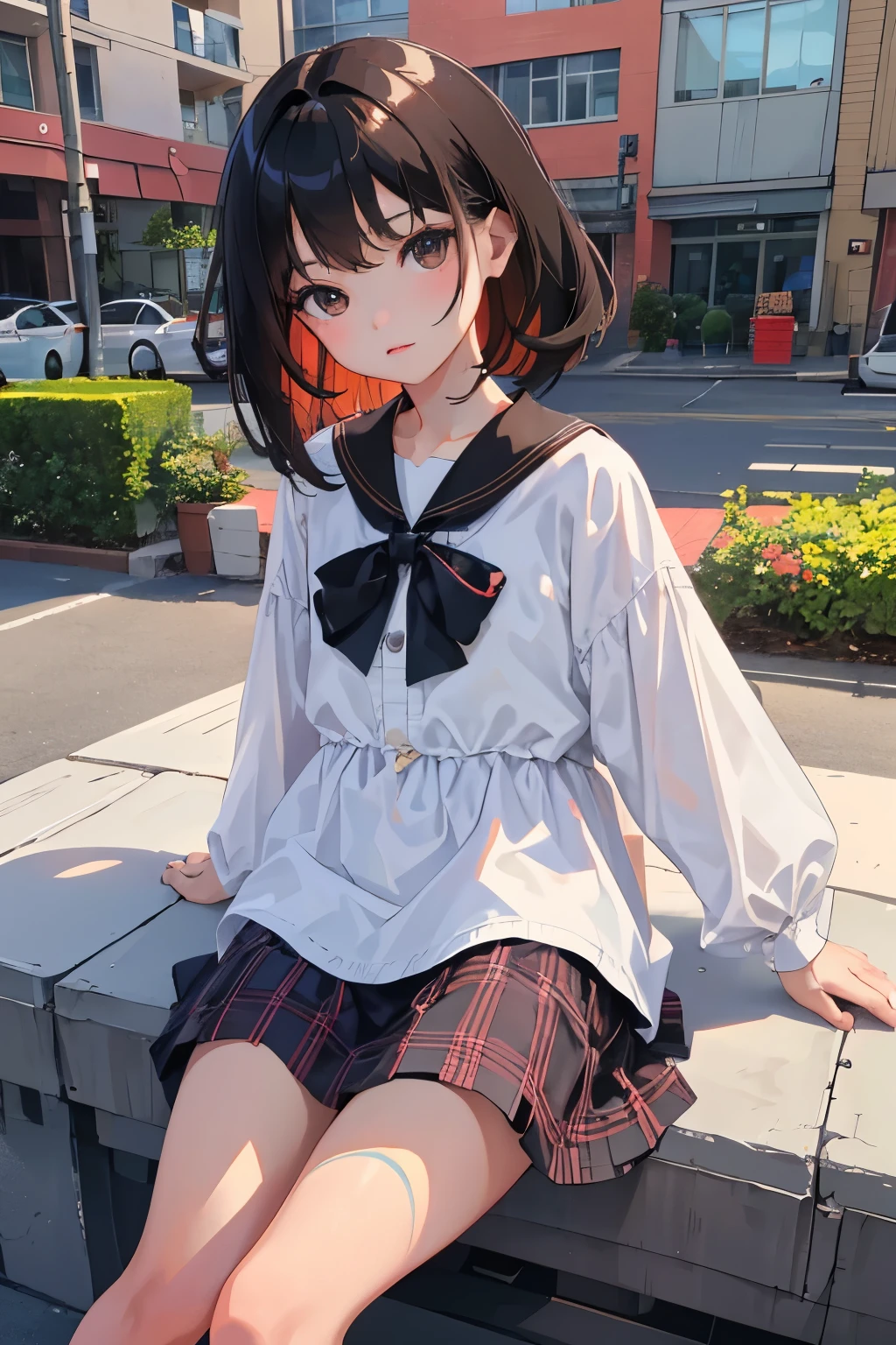 (child)，highest quality，Beautiful face in every detail，cute，Dark brown eyes，(背の低いcute女の子，Small young student，Young delicate girl）,（masterpiece，Top quality)，Black Hair，Sleepy expression，Short sleeve white shirt，Plaid white skirt