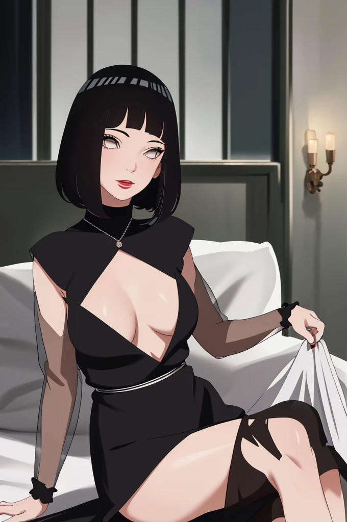 (Masterpiece - Ultra-Detailed, High Resolution) Prepare to be enchanted by a true masterpiece that combines ultra-detailed art with high-resolution rendering. This work shows a mesmerizing woman, with short, black hair, 1950s style, Hinata (1.3) and captivating dark brown eyes (1.2), New York illustration style, wearing (red lipstick), emanating an aura of elegance and mystery. Wearing classic 1950s clothing. sexy. Intricate details and realistic textures invite you to explore every aspect of this enchanting composition. Transparent black dress. Sitting, dynamic poses, mouth closed. Different posture. . Get ready to dive into a world where beauty and craftsmanship merge perfectly.