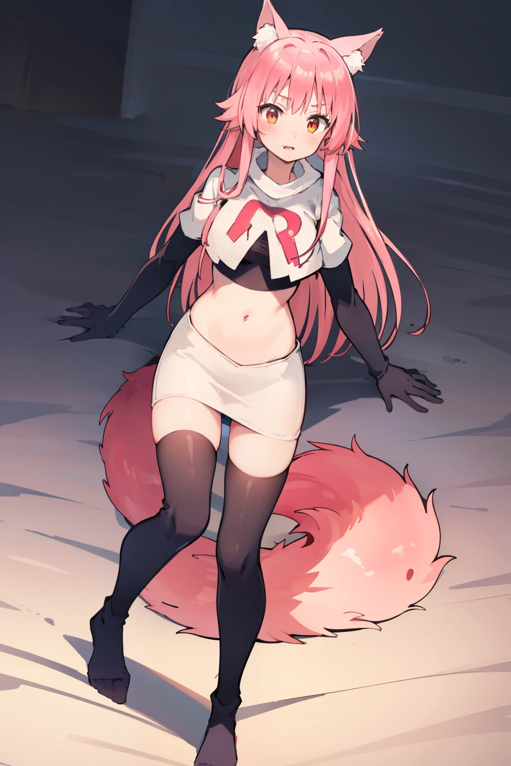 (masterpiece, best quality:1.2), red hair, elegant, maid, fox ears, fox tail, squatting, paw pose, large breasts, ahegao, lewd face, spread legs, pubic tattoo, cowgirl, nipples, pussy, cumdrip, sex