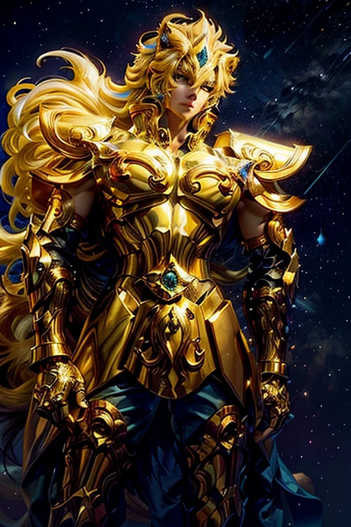 (tmasterpiece,hoang lap,high qulity,best qualtiy,Hyper-detailing,big breasts beautiful),Magical golden Leo: Anthropomorphic representation of the magical golden Leo.
Yellow-haired people: A woman with bright yellow hair, Exudes a captivating aura.
Lion companion: Stand next to people, The majestic lion is covered with a charming star motif.
Mysterious starry sky background: vibrant, Colorful galactic background, Shimmering with magic.