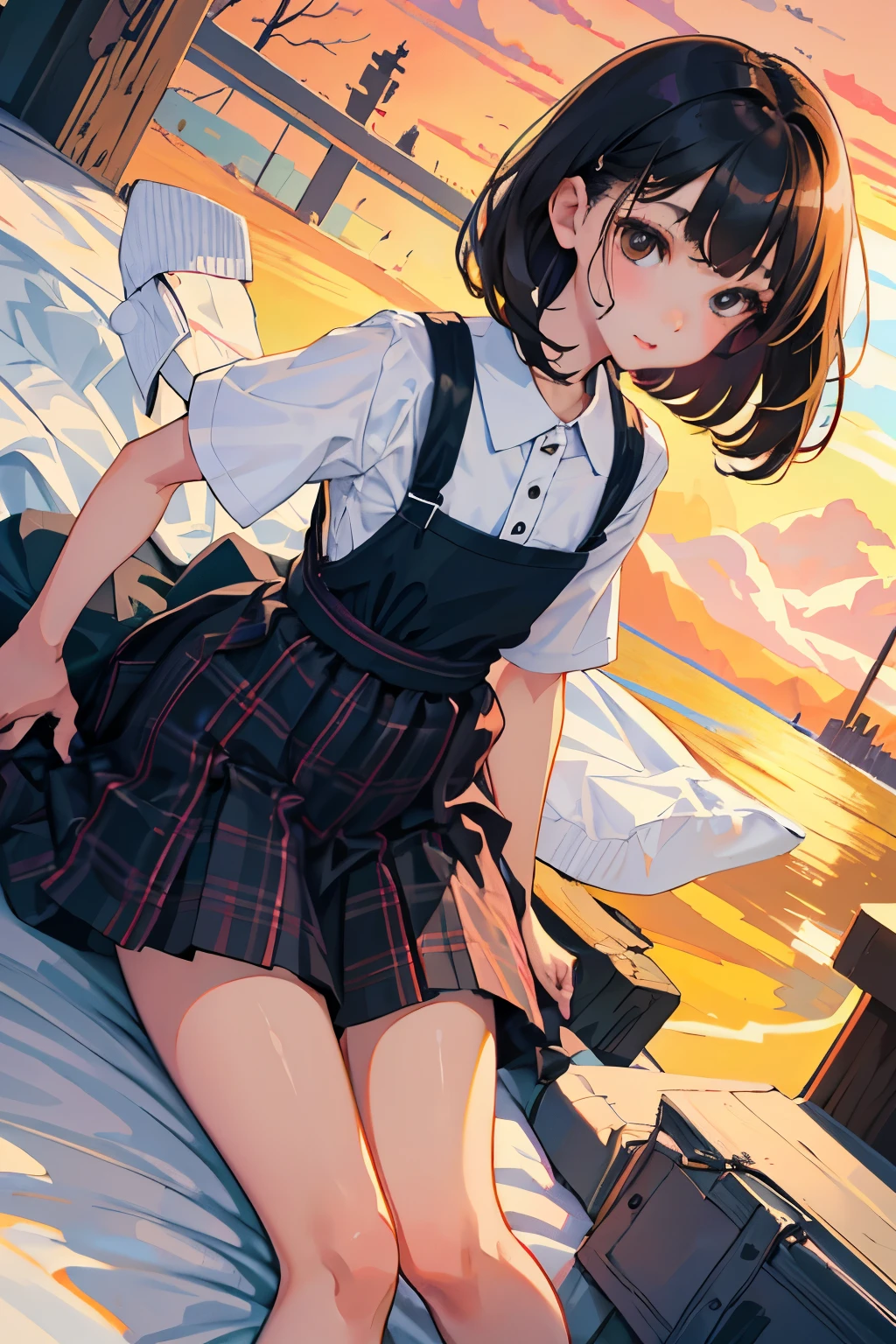 (child)，highest quality，Beautiful face in every detail，cute，Dark brown eyes，(背の低いcute女の子，Small young student，Young delicate girl）,（masterpiece，Top quality)，Black Hair，Sleepy expression，Short sleeve，Plaid white skirt