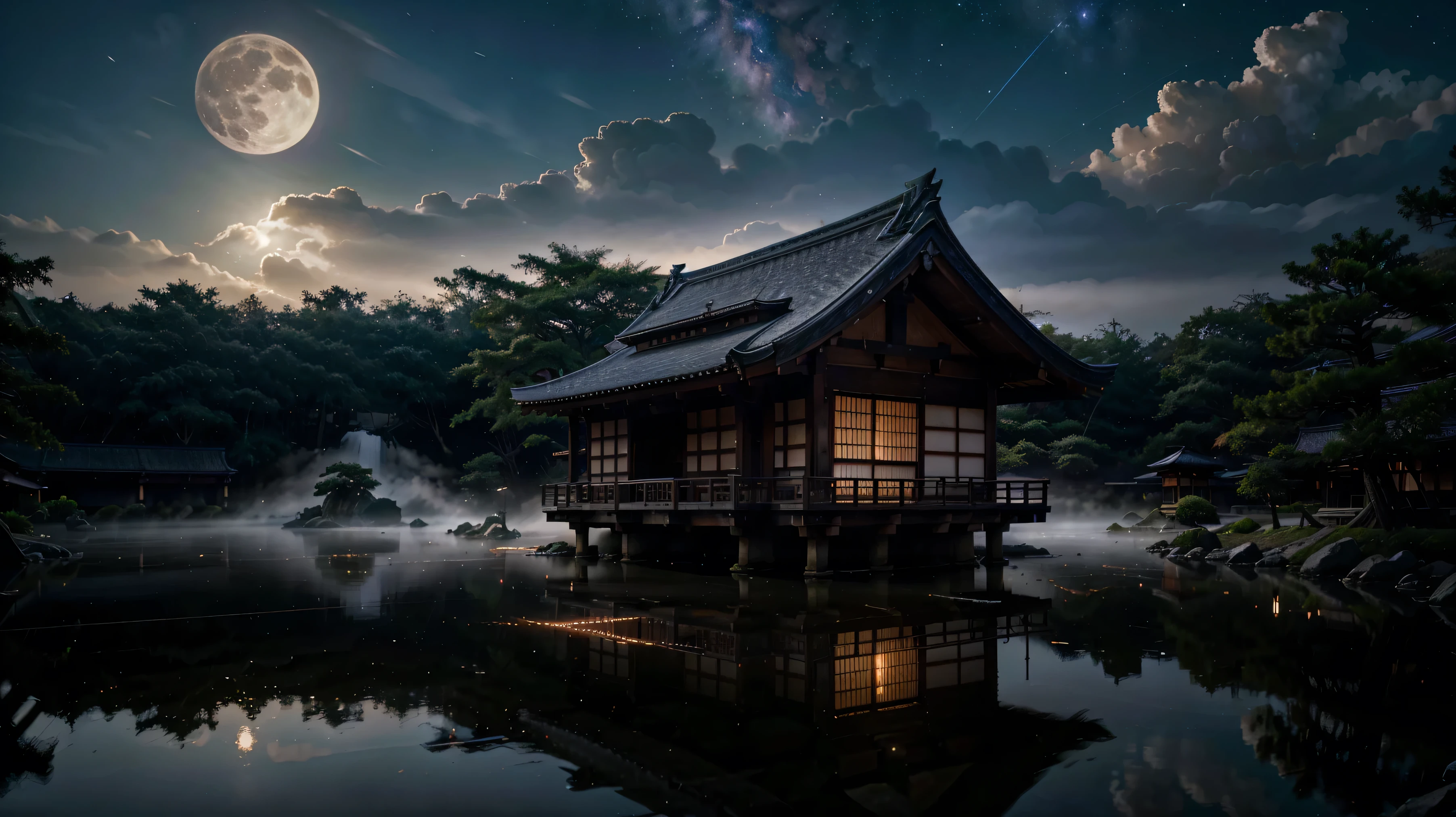 8K wallpaper, 34-inch screen, hyper-realistic, night, forest, traditional Japanese buildings, wooden houses, temples, castle, galaxy sky, large red full moon, one visible shooting star, eerie glow, dark atmosphere, historical period, highly detailed, waterfall, mysterious mist., interior architecture, high detail, Hyperrealism, ray tracing, reflection light, backlighting, 8k, high quality, best quality, highres, super detail, textured skin, high details, night