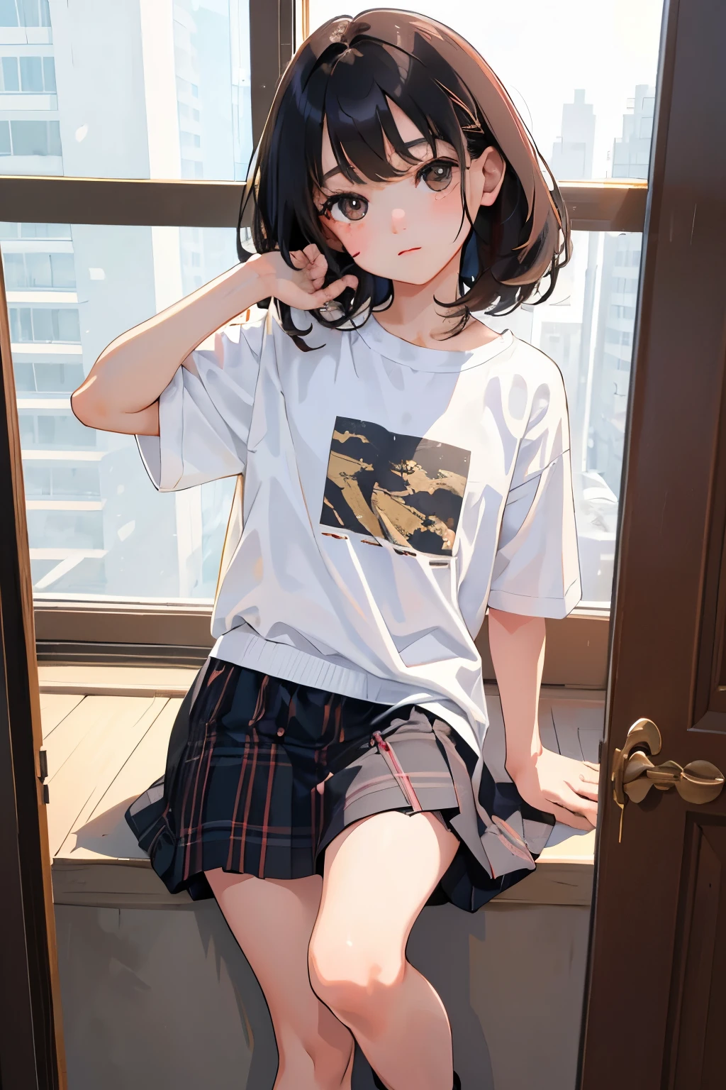 (child),highest quality,Beautiful face in every detail,cute,Dark brown eyes,(背の低いcute女の子,Small young student,Young delicate girl),(masterpiece,Top quality),Black Hair,Sleepy expression,Short sleeve white shirt,Plaid white skirt