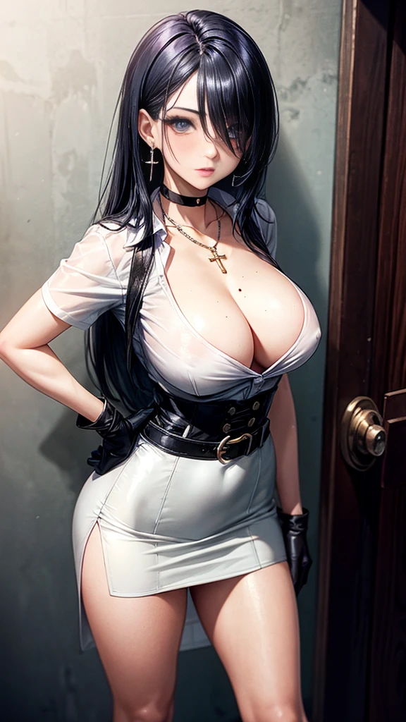 1girl, solo, long hair, breasts, looking at viewer, blush, bangs, blue eyes, skirt, large breasts, shirt, black hair, gloves, cleavage, jewelry, very long hair, blue hair, standing, collarbone, white shirt, short sleeves, earrings, parted lips, open clothes, choker, black gloves, shiny, collared shirt, belt, black skirt, necklace, mole, hair over one eye, hand on hip, shiny skin, mole under eye, open shirt, no bra, black choker, cross, side slit, pencil skirt, shiny clothes, high-waist skirt, shirt tucked in, plunging neckline
