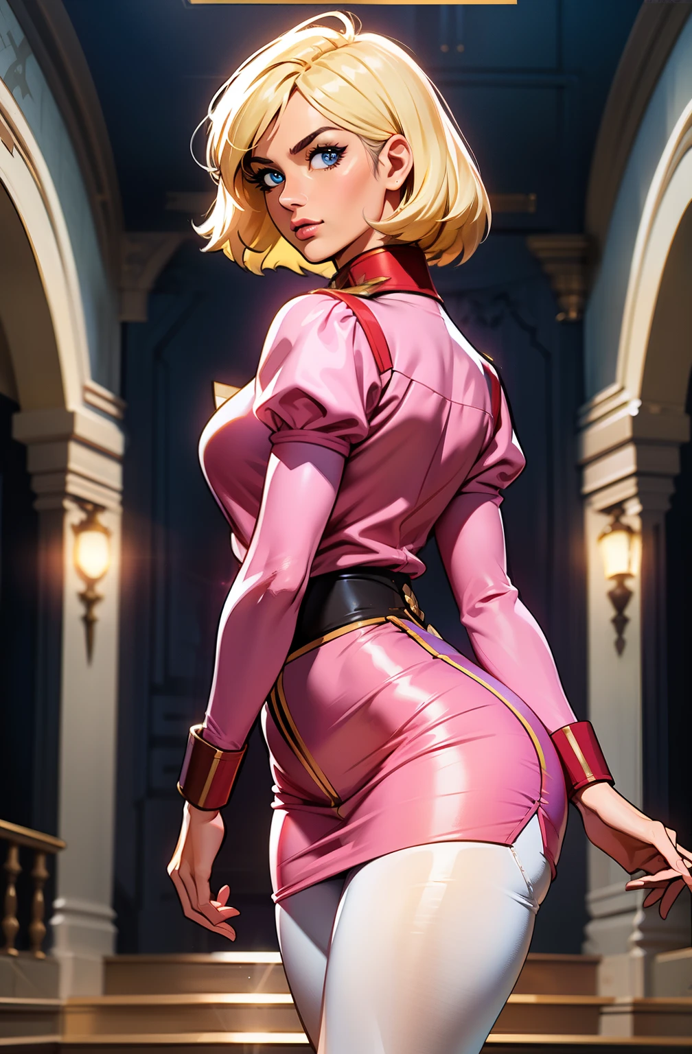 ((masterpiece)), ((cinematic lighting)), realistic photo、Real Images、Top image quality、1girl in, sayla mass, Elegant, masterpiece, Convoluted, slim arms, wide hips, thick thighs, thigh gaps, Best Quality, absurderes, high face detail, Perfect eyes, mature, Cowboy Shot, , Vibrant colors, soft pink uniform, soft pink Skirt, white tights, side view, looking at viewer