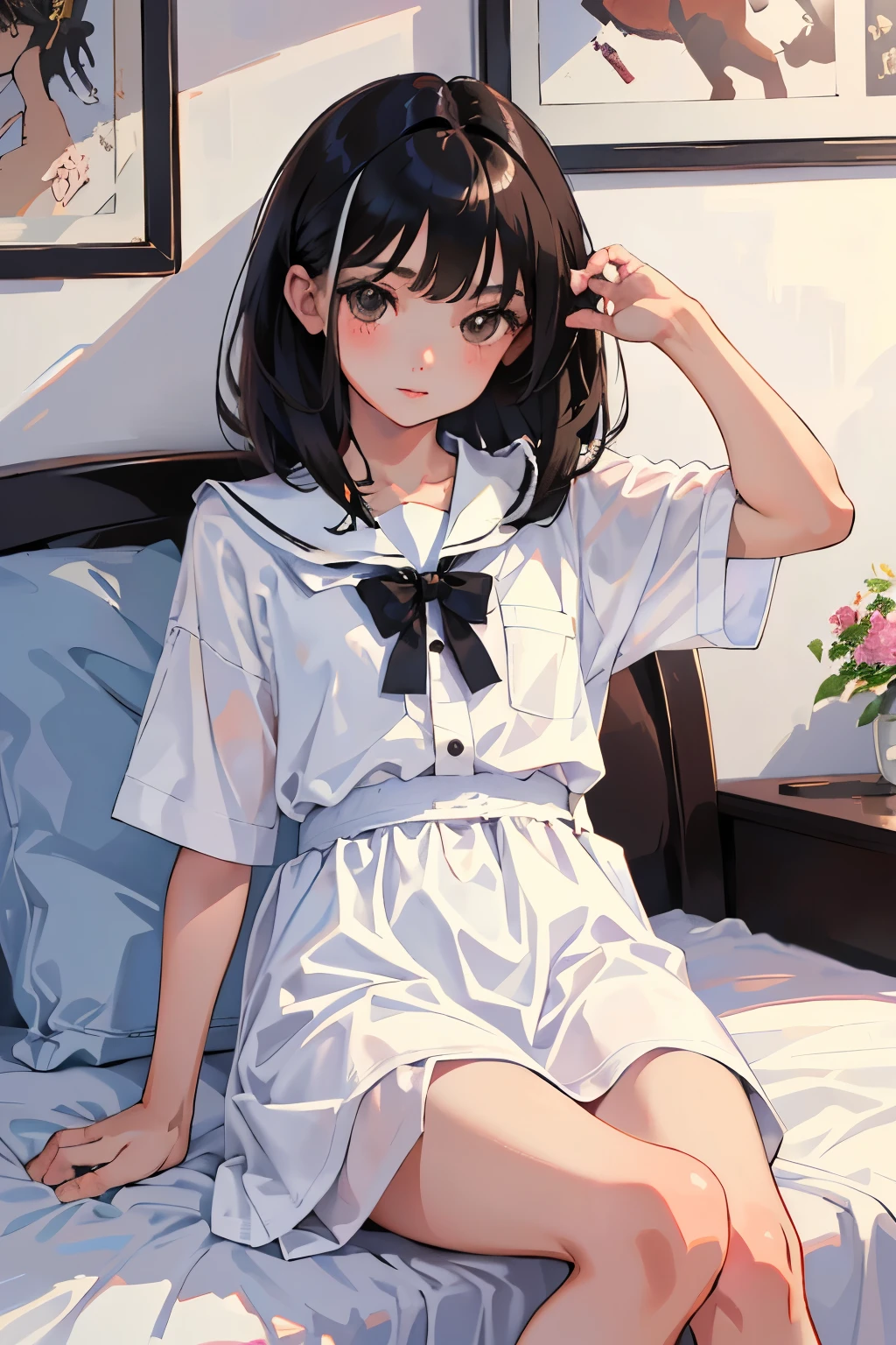 (child)，highest quality，Beautiful face in every detail，cute，Dark brown eyes，(背の低いcute女の子，Small young student，Young delicate girl）,（masterpiece，Top quality)，Black Hair，Sleepy expression，Short sleeve white shirt，Plaid white skirt