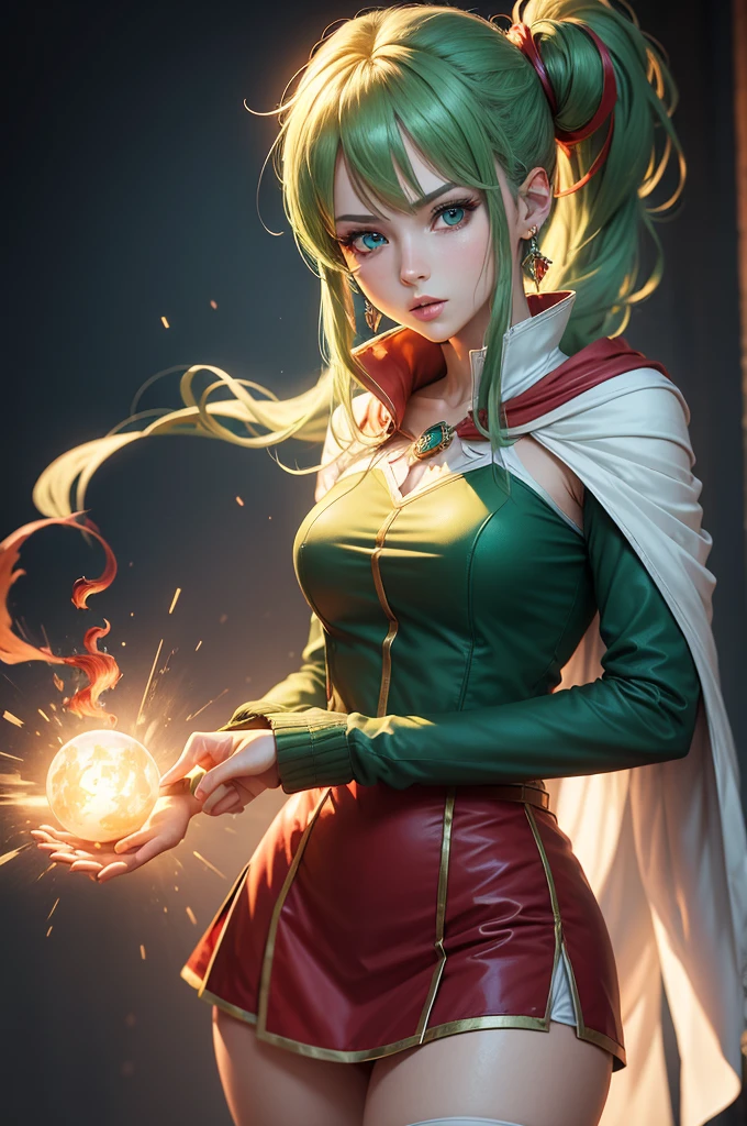Anime style,(High,Masterpiece:1.2),Ultra-detailed,Realistic:1.37,HDR,Studio lighting,Vivid colors,Sharp focus,Physically based rendering,Extreme detail depiction,Professional,Female character,Blue eyes, green hair, (((red clothes))), side ponytail, golden triangular earrings, white cape covering the bust, long white boots, a magician, gentle, detailed, 8k, high quality, dynamic light effects, medieval background