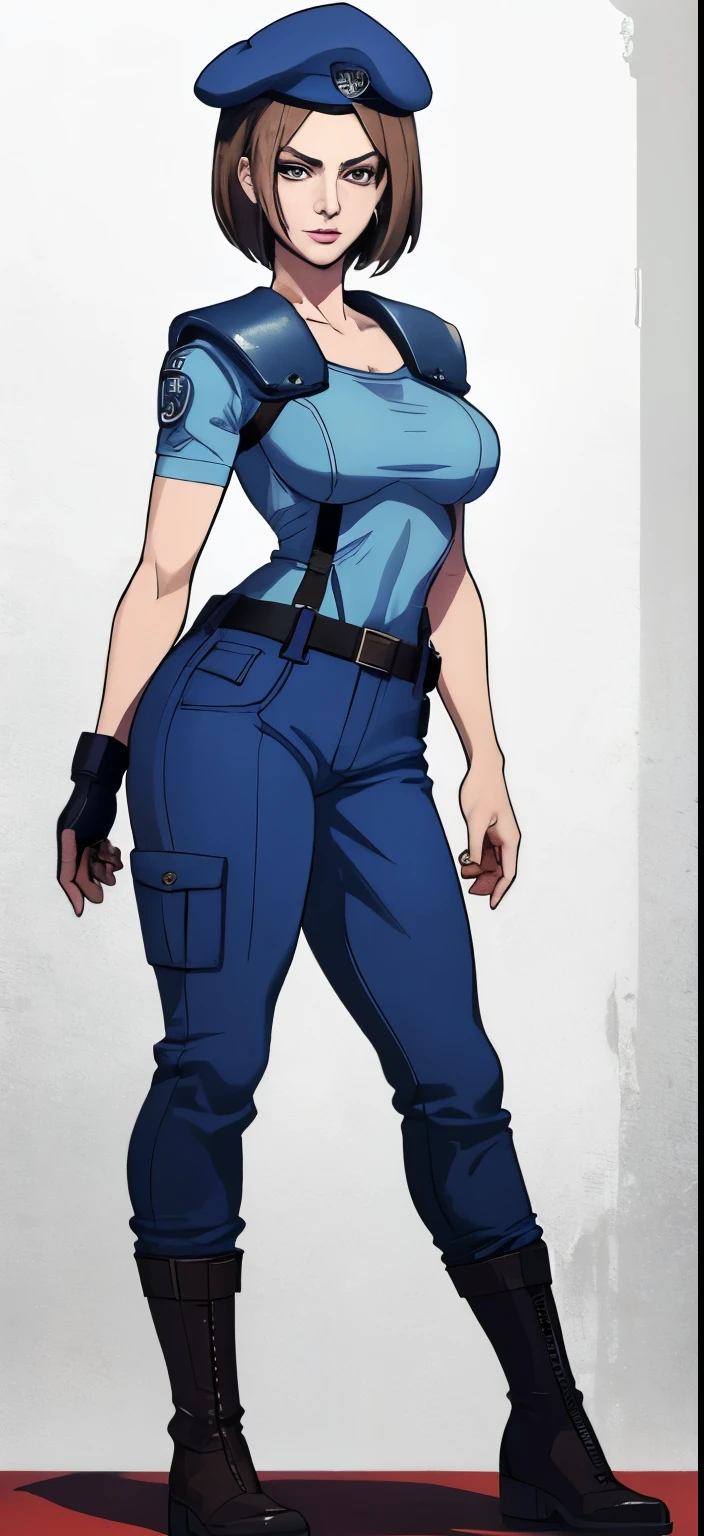 Jill Valentine, masterpiece, best quality, 1girl, solo, standing, jillre1, beret, uniform, shoulder pads, short sleeves, harness, belt, pants, unmoving pattern, peitos grandes, bunda grande, ela esta mostrando a lateral, pernas abertas, bunda grande, decote, peitos grandes, ela esta olhando para a lateral, botas pretas, corpo todo, She was on her feet, olhos perfeitos, boca vermelha perfeita,