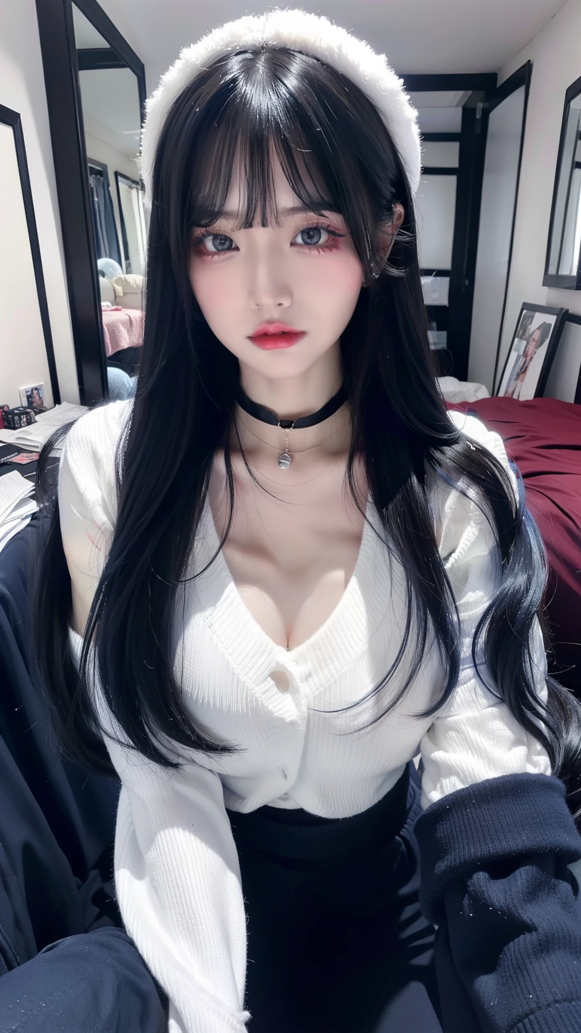 highest quality、8k、32k、masterpiece、Super vivid、Highest quality、8k full vision, Cinematic lighting:1.2)、(Blue right), One Girl、Long Hair Girl、Beautiful Japanese Women、Black-haired、Heavy bangs、Long sleeve shirt、Hair length、Fluffy white sweater、Accentuate your breasts、choker、(Super big boobs:1.5), (jirai type fashion、jirai type makeup, Jirai Type Girl), Sparkling under-eye bags、red glitter eye makeup, From feet to head、

indoor、moonlit room、Dark Room、dim、A room in an apartment with a sense of life、A messy room、Messy room、