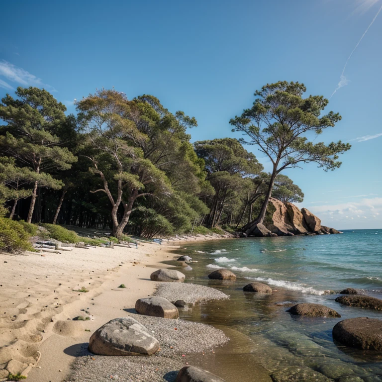 Woody trees live on the shore next to the rocky hill