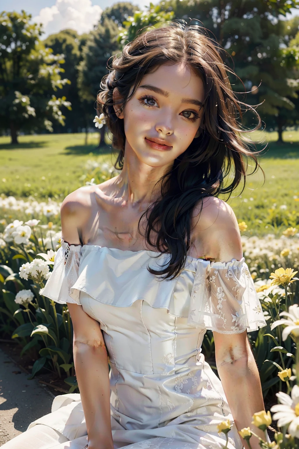 highest quality, masterpiece, Ultra-high resolution, (Realistic:1.4), RAW Photos, One girl, White Dress, Off the shoulder, Flower Field, Glowing Skin, A light smile