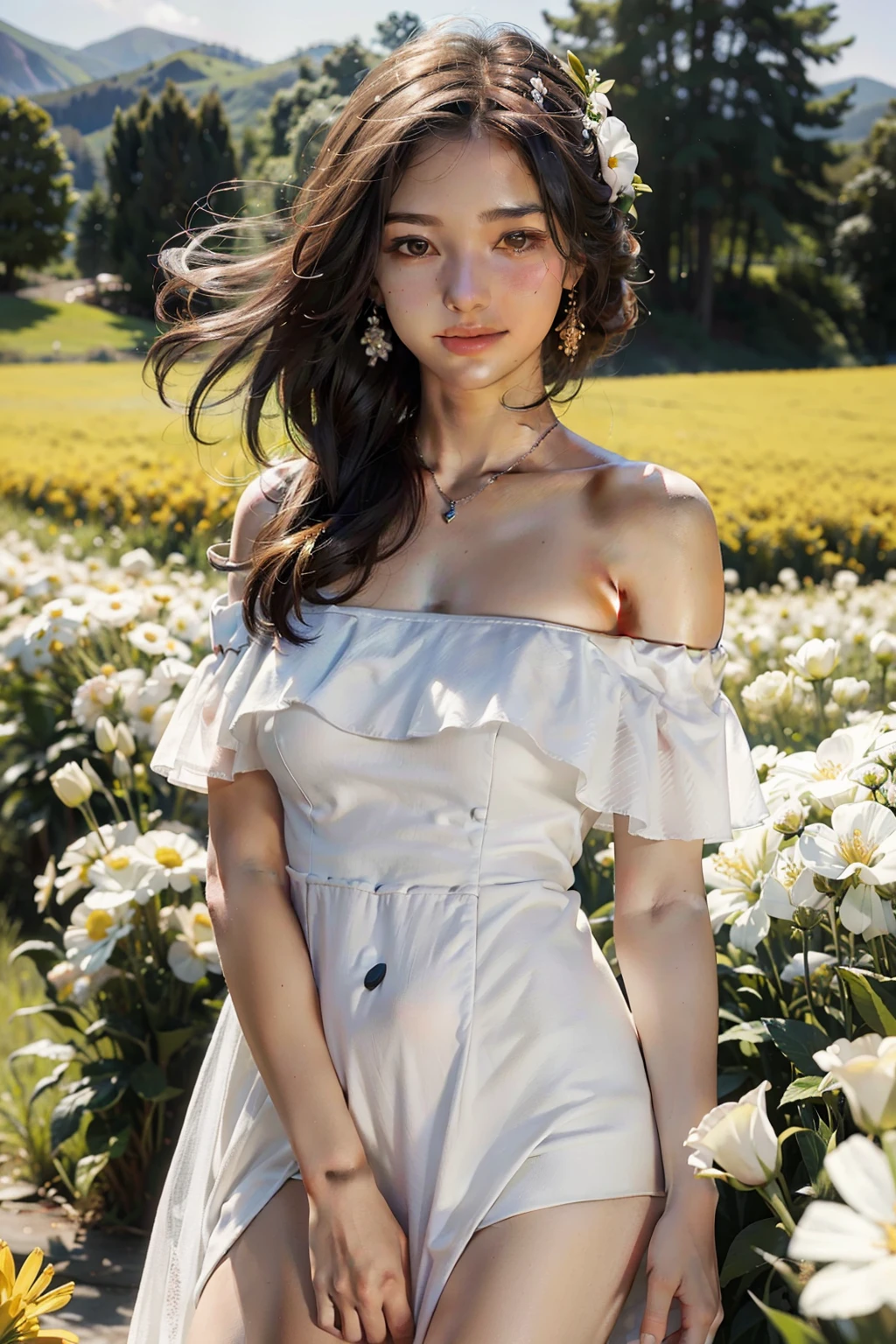 Best quality, masterpiece, super high resolution, 1girl, white dress, off-the-shoulder, field, glowing skin, light smile